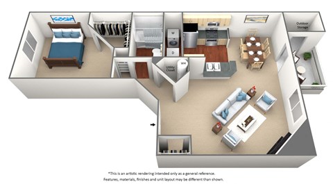 Floor plan for 1 bed, 1 bath, 760 sqft